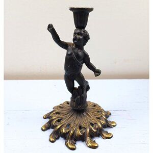 Vintage Cherub Bronze & Brass Candlestick Spelter Figurine With Ornate Base